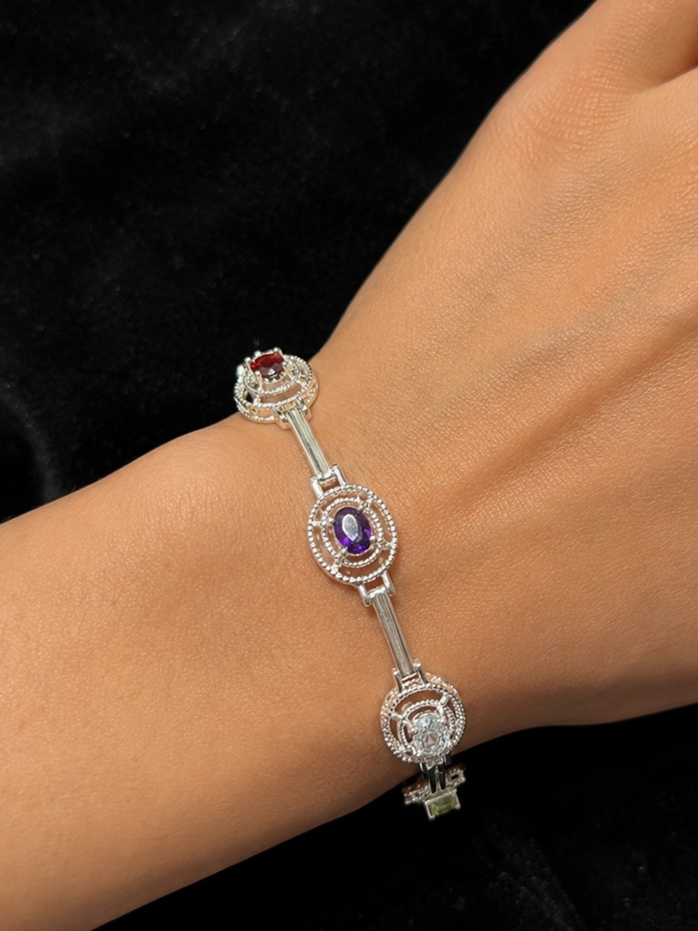 Sterling Silver .925 Assorted Rectangle Gemstone Rhinestone Bracelet 7" NEW